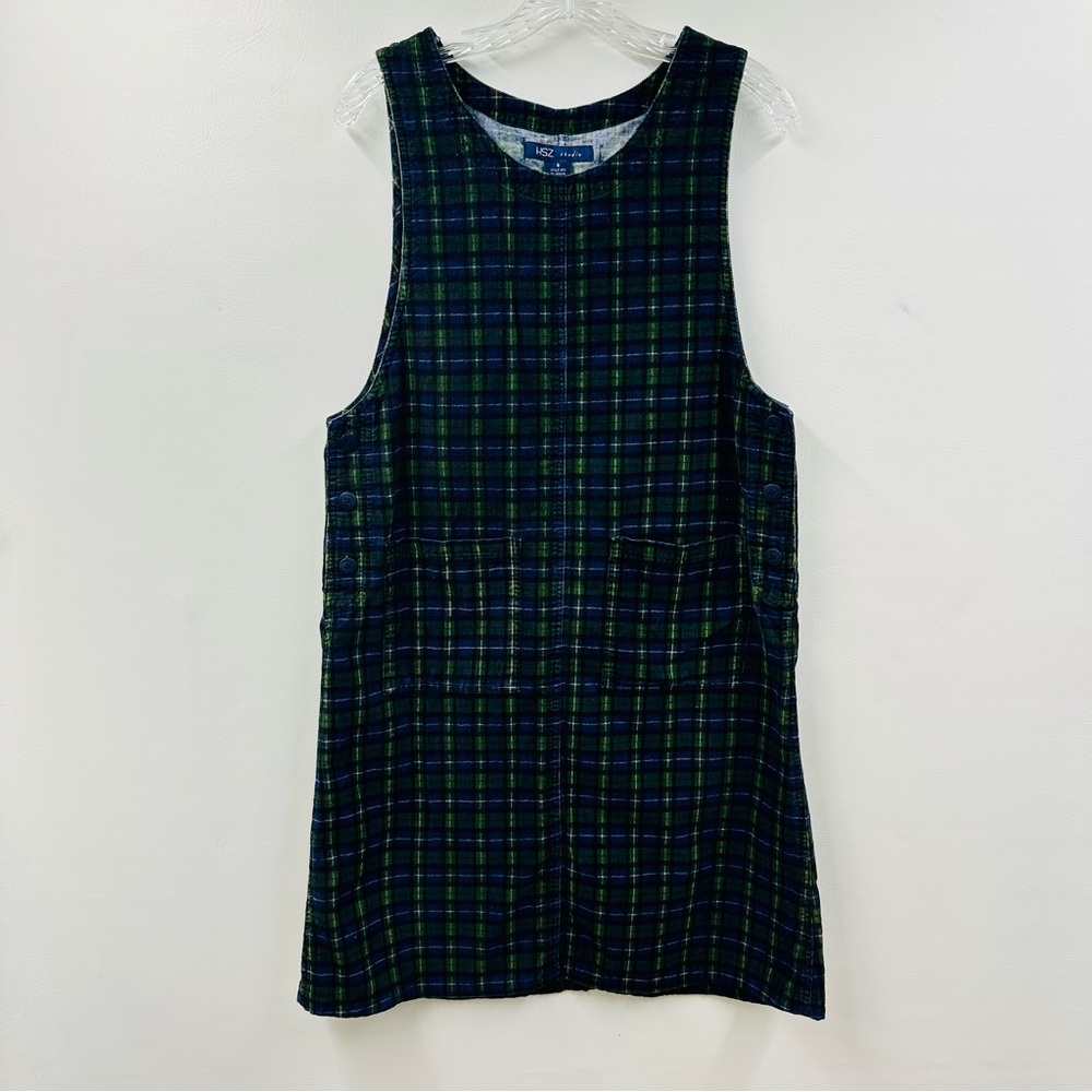 HSZ Studio Vintage Women Academia Plaid Corduroy Pinafore Dress Blue Green Small